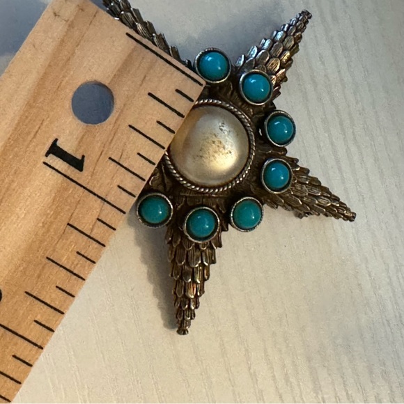 Vintage Large Star Starfish Brooch Pin Gold Tone Cabochon Turquoise Faux Pearl - Picture 8 of 8